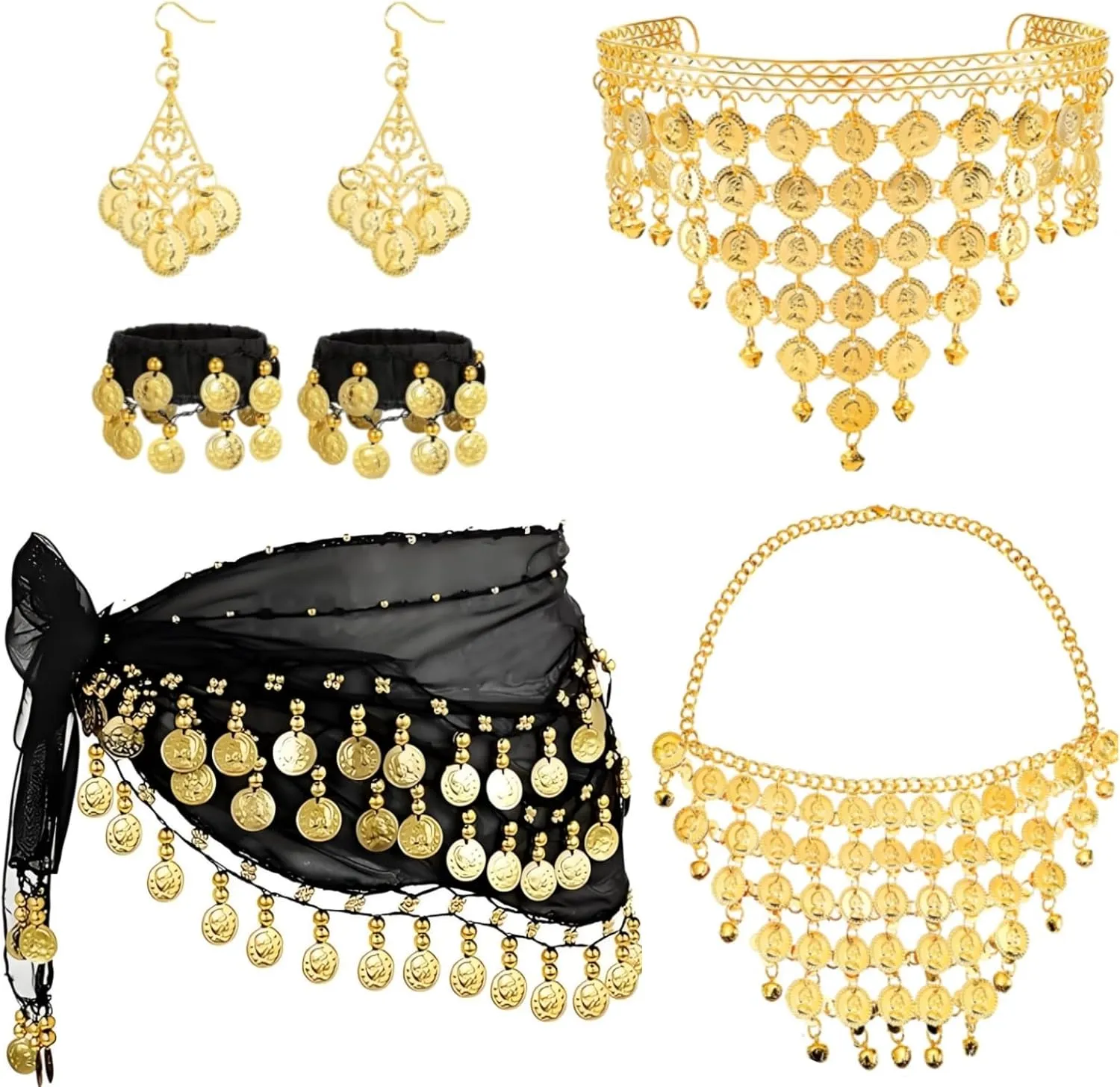 7 PCS Gypsy Costume Set, Fortune Teller Outfit Accessories for Women, Chiffon Belly Dance Hip Scarf with Coin Headpiece Necklace Bracelet Earrings, Halloween Gitana Cosplay Supplies