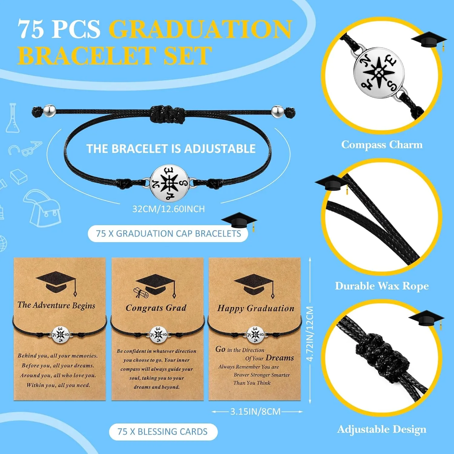 75 Pcs Graduation Bracelet Set Adjustable Compass Bracelets Graduation Cards College High School Class Cheer Gifts