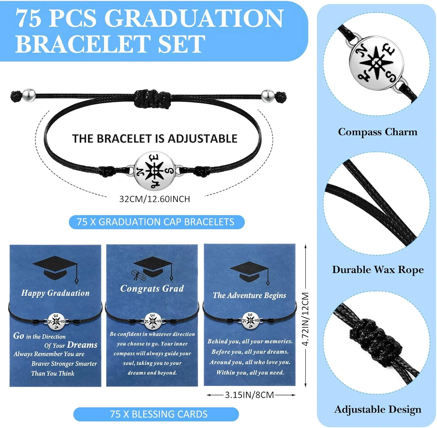 75 Pcs Graduation Bracelet Set Adjustable Compass Bracelets Graduation Cards College High School Class Cheer Gifts