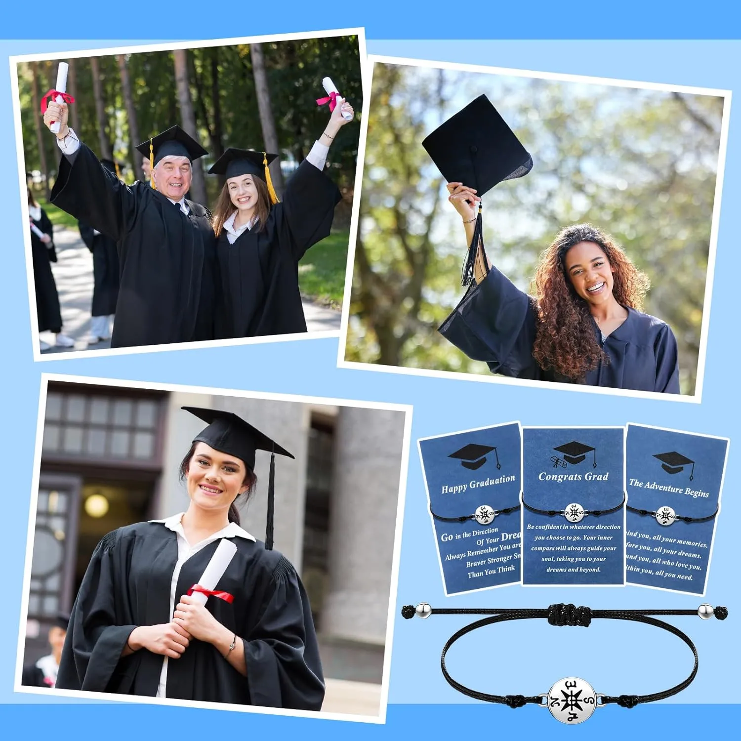 75 Pcs Graduation Bracelet Set Adjustable Compass Bracelets Graduation Cards College High School Class Cheer Gifts