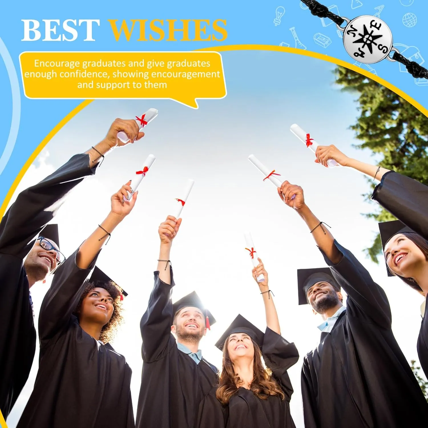 75 Pcs Graduation Bracelet Set Adjustable Compass Bracelets Graduation Cards College High School Class Cheer Gifts