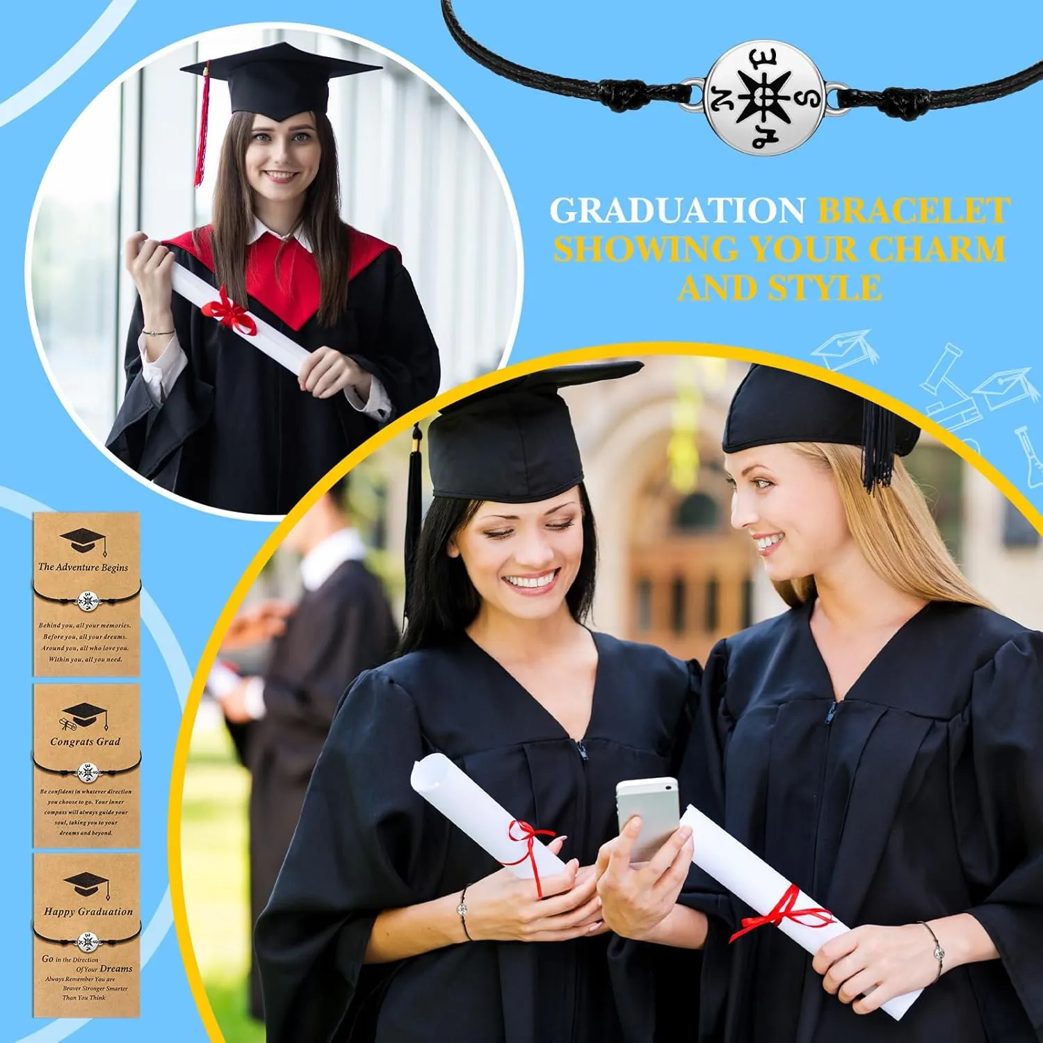 75 Pcs Graduation Bracelet Set Adjustable Compass Bracelets Graduation Cards College High School Class Cheer Gifts