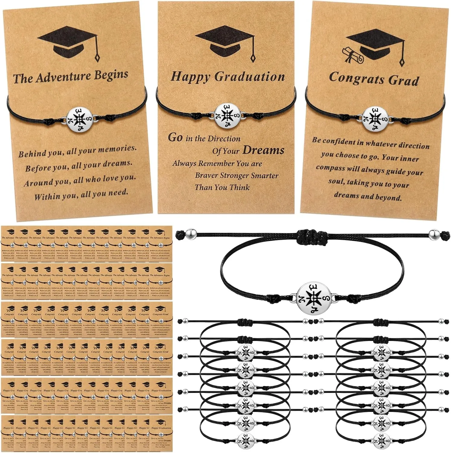 75 Pcs Graduation Bracelet Set Adjustable Compass Bracelets Graduation Cards College High School Class Cheer Gifts