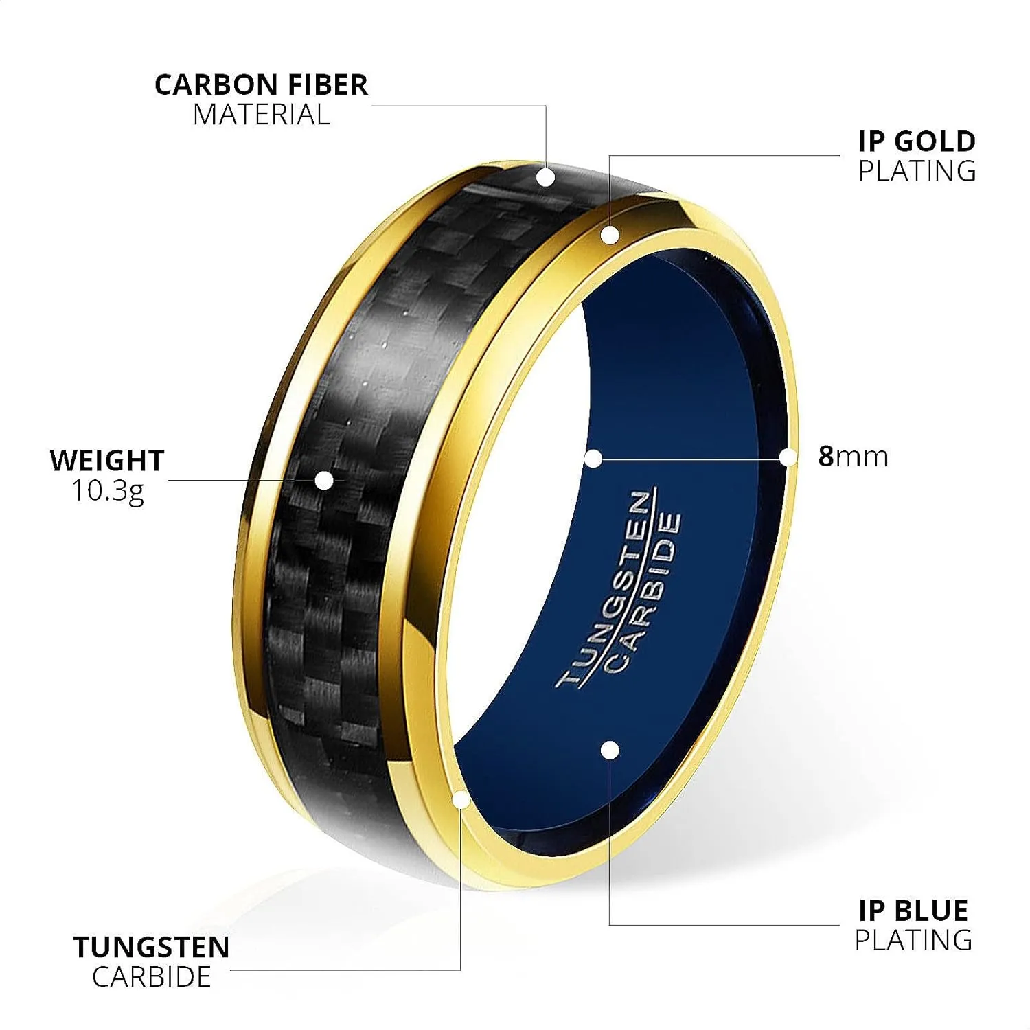 8mm Blue Gold Tungsten Rings for Men & Women- Black Carbon Fiber Inlay Men Wedding Bands Rings- Tungsten Carbide Ring- Women & Mens Engagement Rings with Comfort Fit-Classy Tungsten Ring