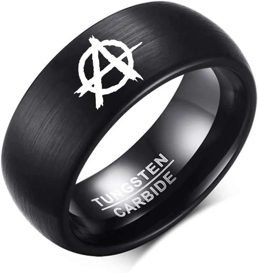 8MM Tungsten Carbide Anarchy Symbol Men's Ring Comfort Fit Band