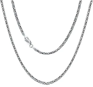 925 Sterling Silver 2.5mm Solid Byzantine Chain Link Necklace for Men Women Oxidized Square Silver Chain Jewelry Gift, 16-36 Inch