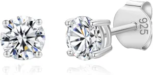 925 Sterling Silver 4 Prong Cubic Zirconia Stud Earrings for Women, Hypoallergenic, Sizes 2mm-6mm