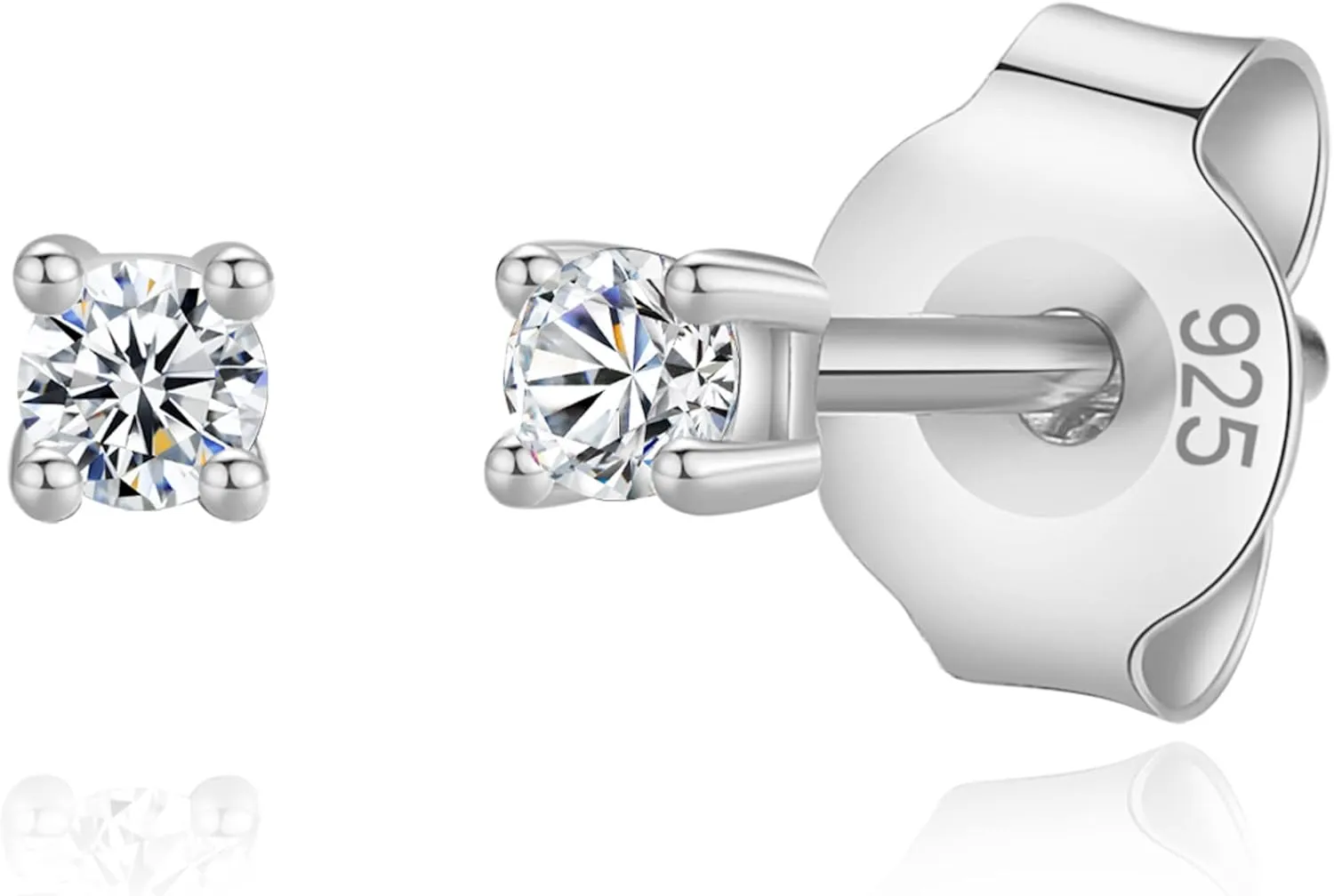 925 Sterling Silver 4 Prong Cubic Zirconia Stud Earrings for Women, Hypoallergenic, Sizes 2mm-6mm