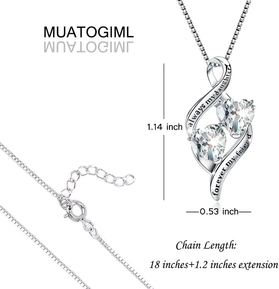 925 Sterling Silver Always My Daughter&Sister Forever My Friend Double Love Heart Pendant Necklace, Mother Daughter Bracelet Jewelry Gifts for Sister Women Couples Wife Mom Girlfriend