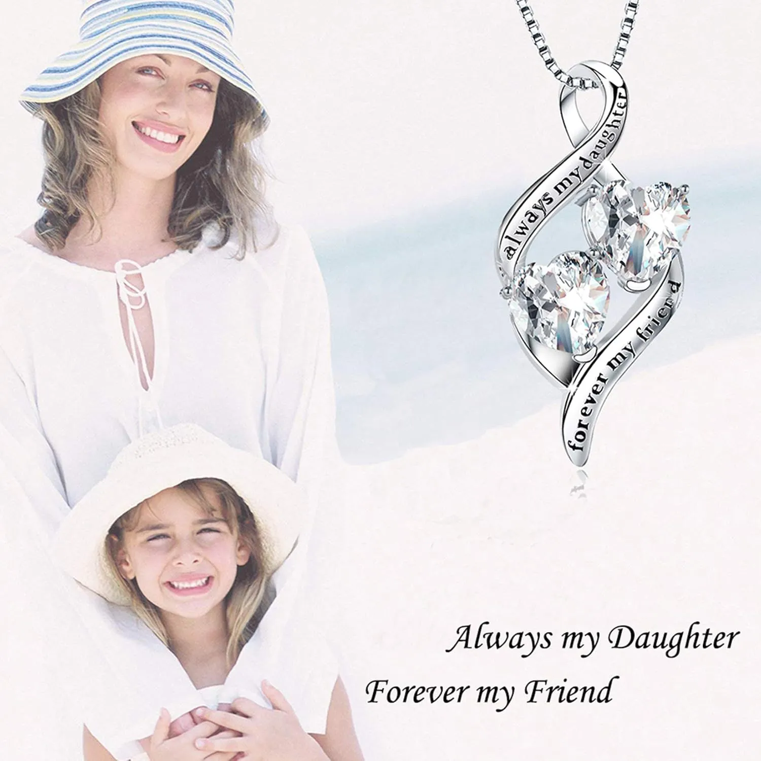 925 Sterling Silver Always My Daughter&Sister Forever My Friend Double Love Heart Pendant Necklace, Mother Daughter Bracelet Jewelry Gifts for Sister Women Couples Wife Mom Girlfriend