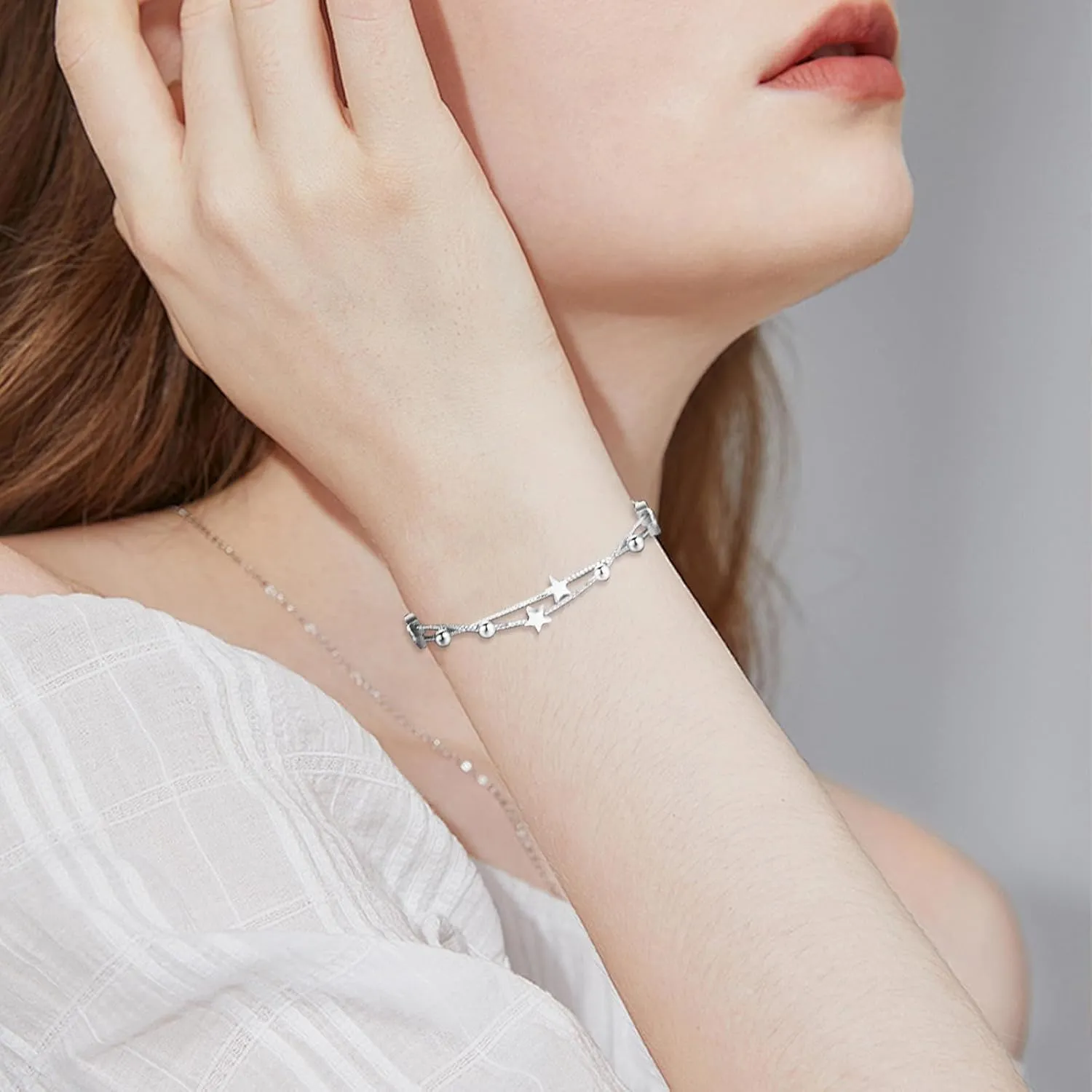 925 Sterling Silver Charm Bracelets For Women Layered Stackable Chain Silver Beaded Bracelet Engagement Birthday Christmas Gifts for Her