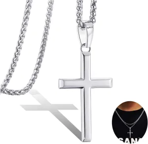 925 Sterling Silver Cross Necklace for Men Women with 3MM Stainless Steel Strong Durable Wheat Chain 18K White Gold Plated Beveled Edge Crucifix Pendant Necklace Jewelry Present 16-28 Inches