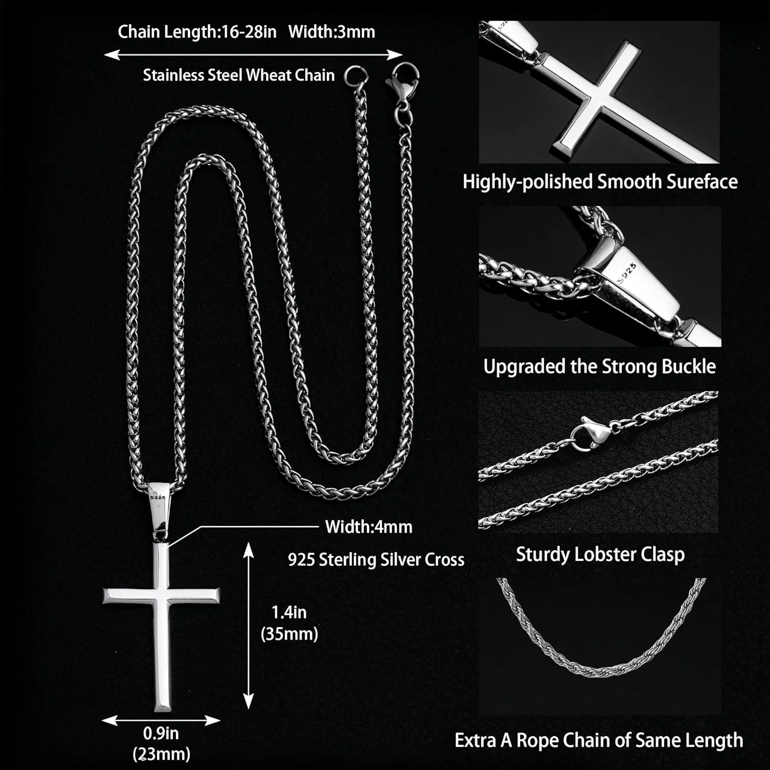 925 Sterling Silver Cross Necklace for Men Women with 3MM Stainless Steel Strong Durable Wheat Chain 18K White Gold Plated Beveled Edge Crucifix Pendant Necklace Jewelry Present 16-28 Inches
