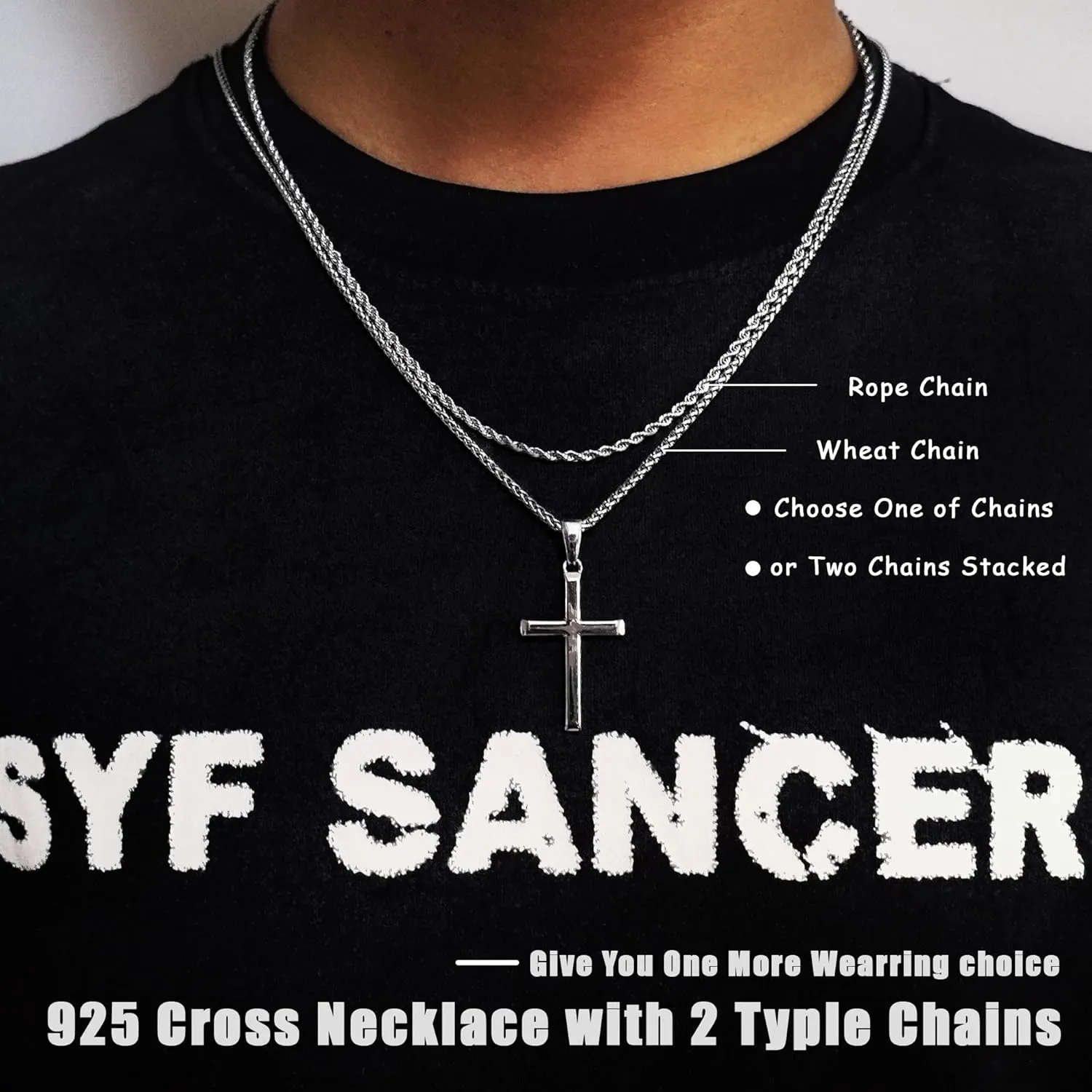925 Sterling Silver Cross Necklace for Men Women with 3MM Stainless Steel Strong Durable Wheat Chain 18K White Gold Plated Beveled Edge Crucifix Pendant Necklace Jewelry Present 16-28 Inches