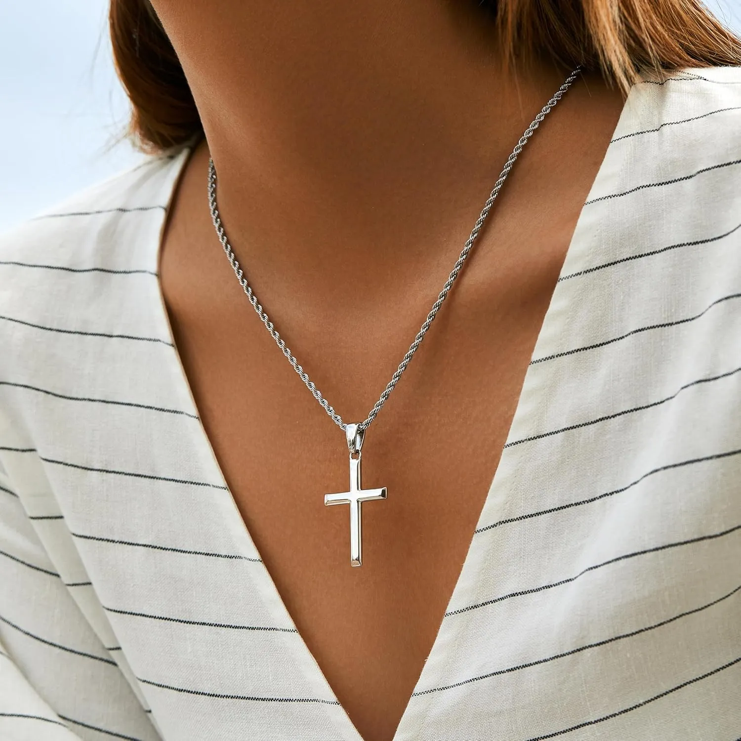 925 Sterling Silver Cross Necklace for Men Women with 3MM Stainless Steel Strong Durable Wheat Chain 18K White Gold Plated Beveled Edge Crucifix Pendant Necklace Jewelry Present 16-28 Inches