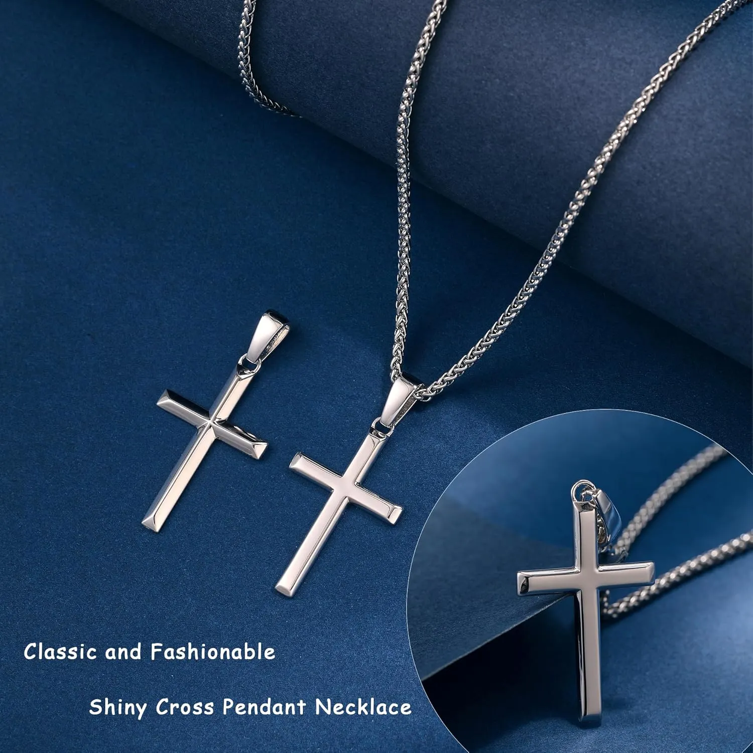 925 Sterling Silver Cross Necklace for Men Women with 3MM Stainless Steel Strong Durable Wheat Chain 18K White Gold Plated Beveled Edge Crucifix Pendant Necklace Jewelry Present 16-28 Inches