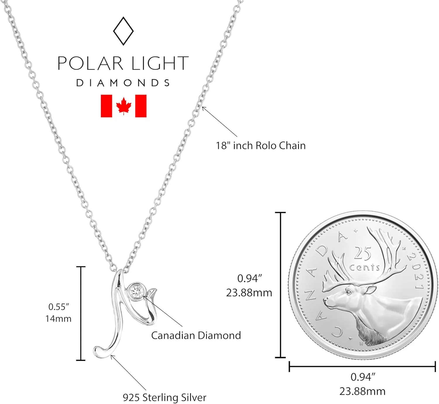 .925 Sterling Silver Diamond Letter Initial Necklace with Canadian Diamonds A-Z Alphabet Series Personalized Pendant Jewelry - 18"