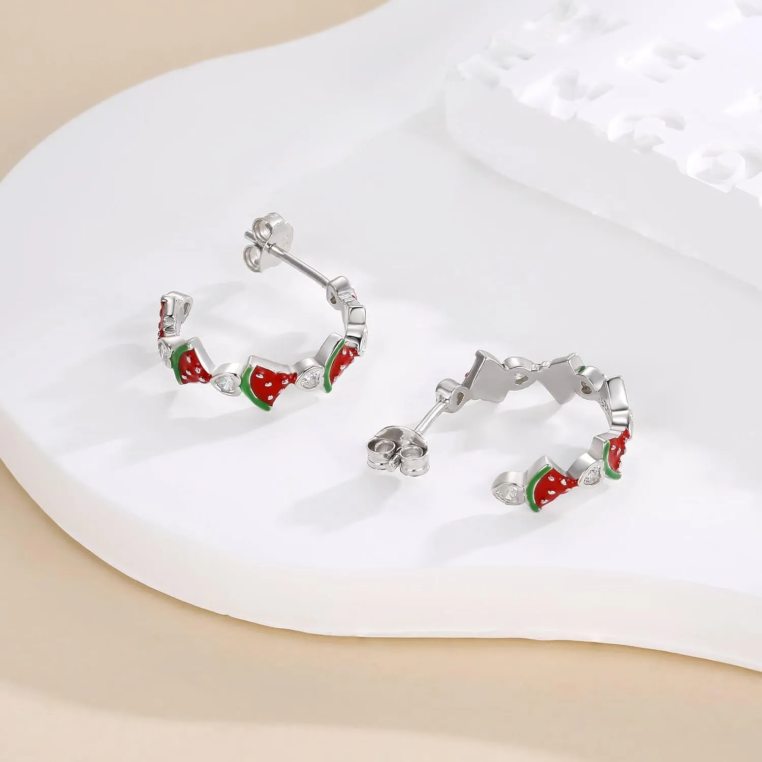 925 Sterling Silver Fruit Earrings Strawberry/Lemon/Orange/Watermelon Hoop Earring Tropical Colorful Fruits Jewelry Gifts for Women