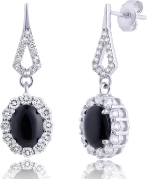 925 Sterling Silver Halo Sunburst Gemstone Oval Dangle Earrings for Women | Hypoallergenic 8x6mm Birthstone Earrings with White Topaz Accent Stones by MAX   STONE