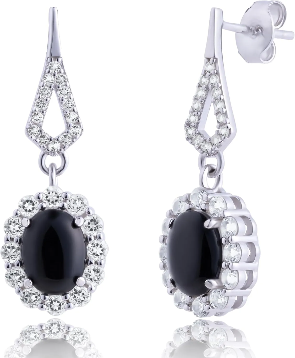 925 Sterling Silver Halo Sunburst Gemstone Oval Dangle Earrings for Women | Hypoallergenic 8x6mm Birthstone Earrings with White Topaz Accent Stones by MAX   STONE