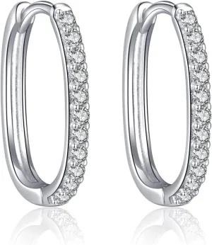 925 Sterling Silver Hypoallergenic Cubic Zirconia Hoop Earrings Trendy Geometric Minimalist Rectangular Design for Women & Men