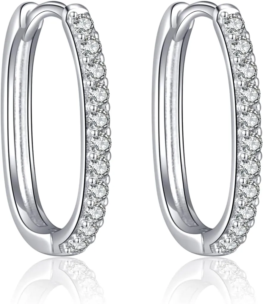 925 Sterling Silver Hypoallergenic Cubic Zirconia Hoop Earrings Trendy Geometric Minimalist Rectangular Design for Women & Men