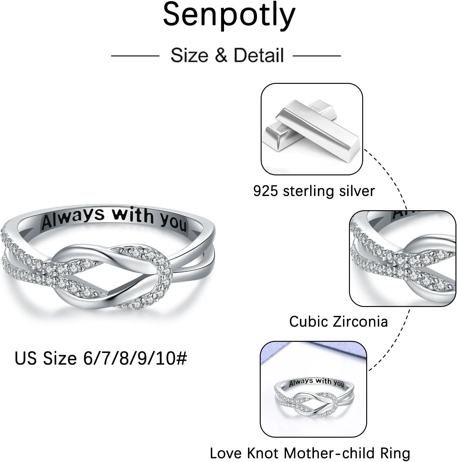 925 Sterling Silver Love Knot Ring for Mother and Daughter Square Knot Ring for Couple Friendship Kont Rings Mother's Day Birthday Valentine's Day Christmas Jewelry Gifts for Women