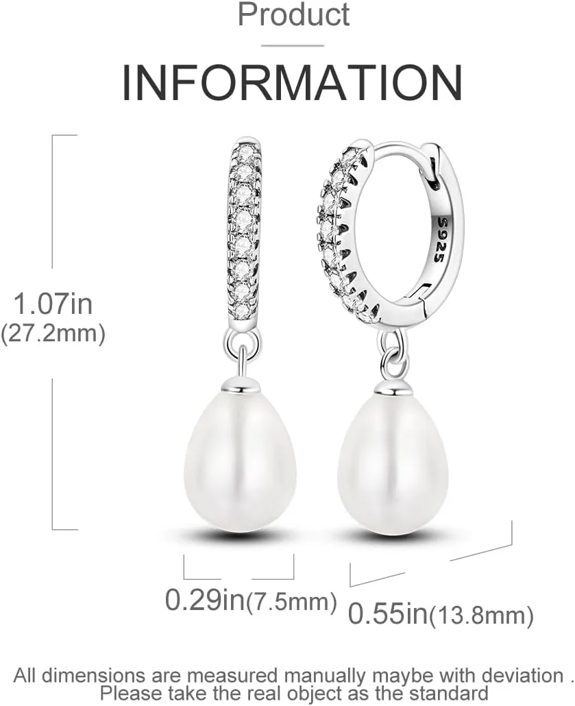 925 Sterling Silver Pearl Drop Earrings for Women, Pearl Drop Earrings Hoop Dangle Hypoallergenic Jewelry Gifts for Sensitive Ears