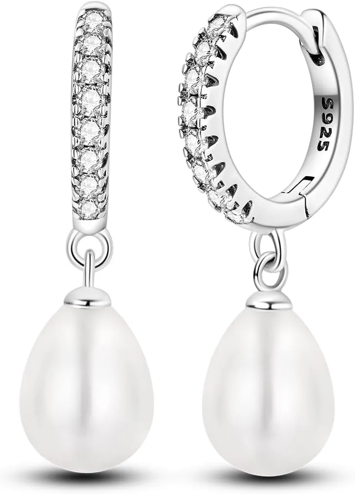 925 Sterling Silver Pearl Drop Earrings for Women, Pearl Drop Earrings Hoop Dangle Hypoallergenic Jewelry Gifts for Sensitive Ears