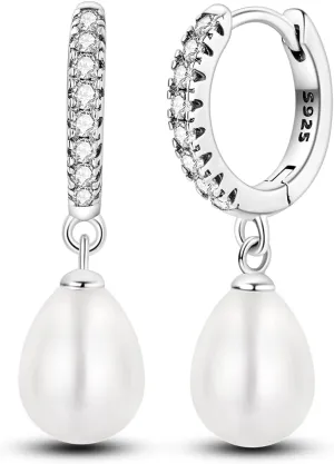 925 Sterling Silver Pearl Drop Earrings for Women, Pearl Drop Earrings Hoop Dangle Hypoallergenic Jewelry Gifts for Sensitive Ears