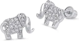 925 Sterling Silver Rhodium Plated Elephant Cubic Zirconia Screwback Baby Girls Earrings