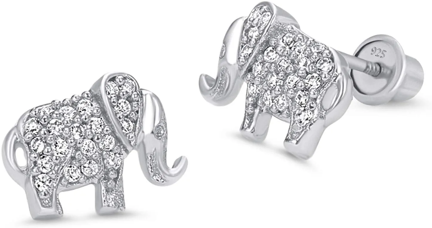 925 Sterling Silver Rhodium Plated Elephant Cubic Zirconia Screwback Baby Girls Earrings
