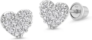 925 Sterling Silver Rhodium Plated Pave Heart Cubic Zirconia Screwback Baby Girls Earrings