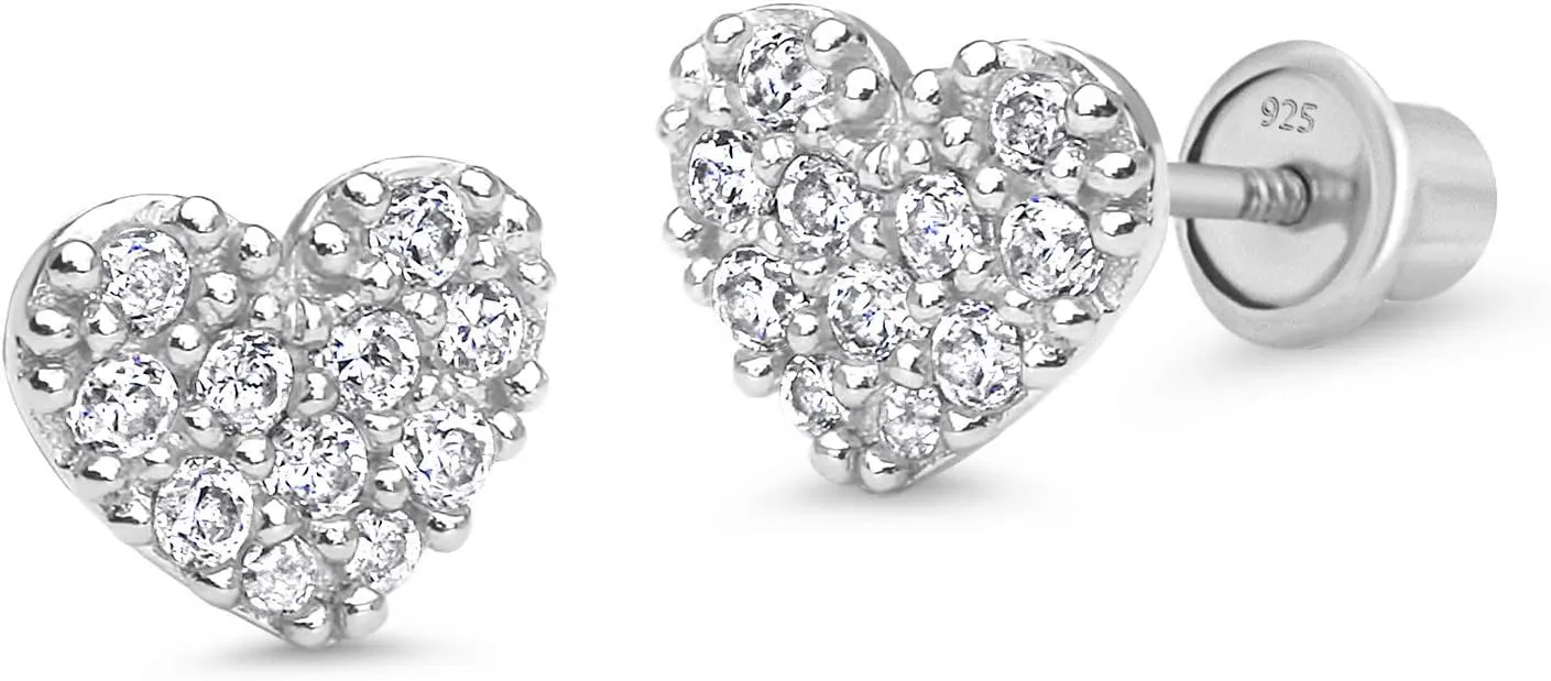 925 Sterling Silver Rhodium Plated Pave Heart Cubic Zirconia Screwback Baby Girls Earrings