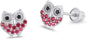 925 Sterling Silver Rhodium Plated Red Owl Cubic Zirconia Screwback Baby Girls Earrings