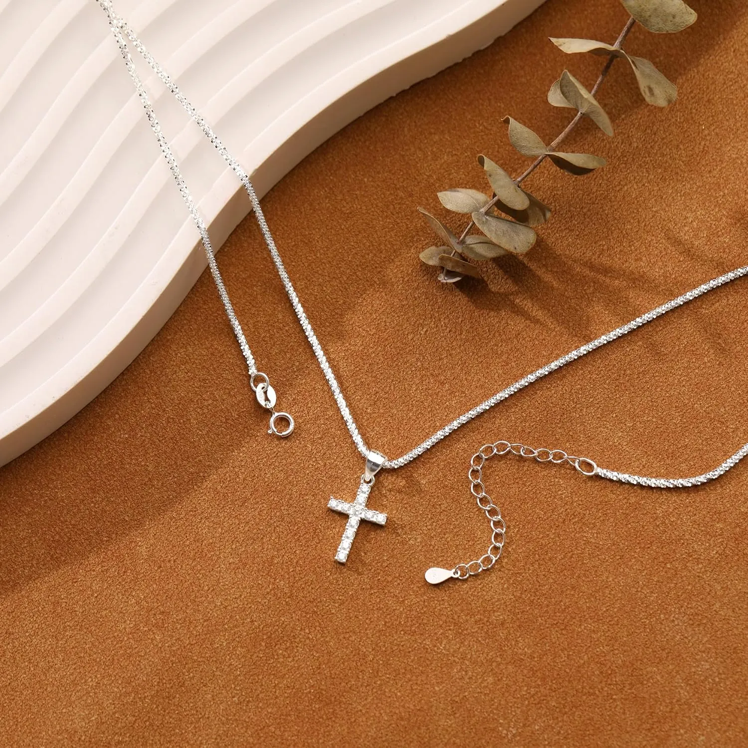 925 Sterling Silver Sparkly Cross Necklace for Women Dainty Twisted Rope Cross Charm Necklace Adjustable Glitter Bling Chain Necklace Jewelry Birthday Christmas Gifts for Mom