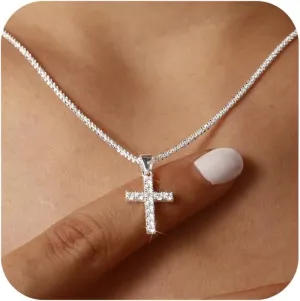 925 Sterling Silver Sparkly Cross Necklace for Women Dainty Twisted Rope Cross Charm Necklace Adjustable Glitter Bling Chain Necklace Jewelry Birthday Christmas Gifts for Mom