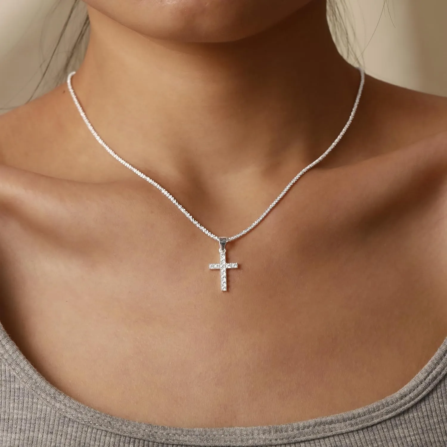 925 Sterling Silver Sparkly Cross Necklace for Women Dainty Twisted Rope Cross Charm Necklace Adjustable Glitter Bling Chain Necklace Jewelry Birthday Christmas Gifts for Mom