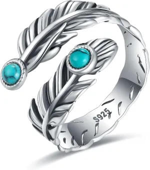 925 Sterling Silver Turquoise Feather Ring for Women - Adjustable Western Style Malachite Ring - Vintage Eagle Jewelry Gift for Daughter