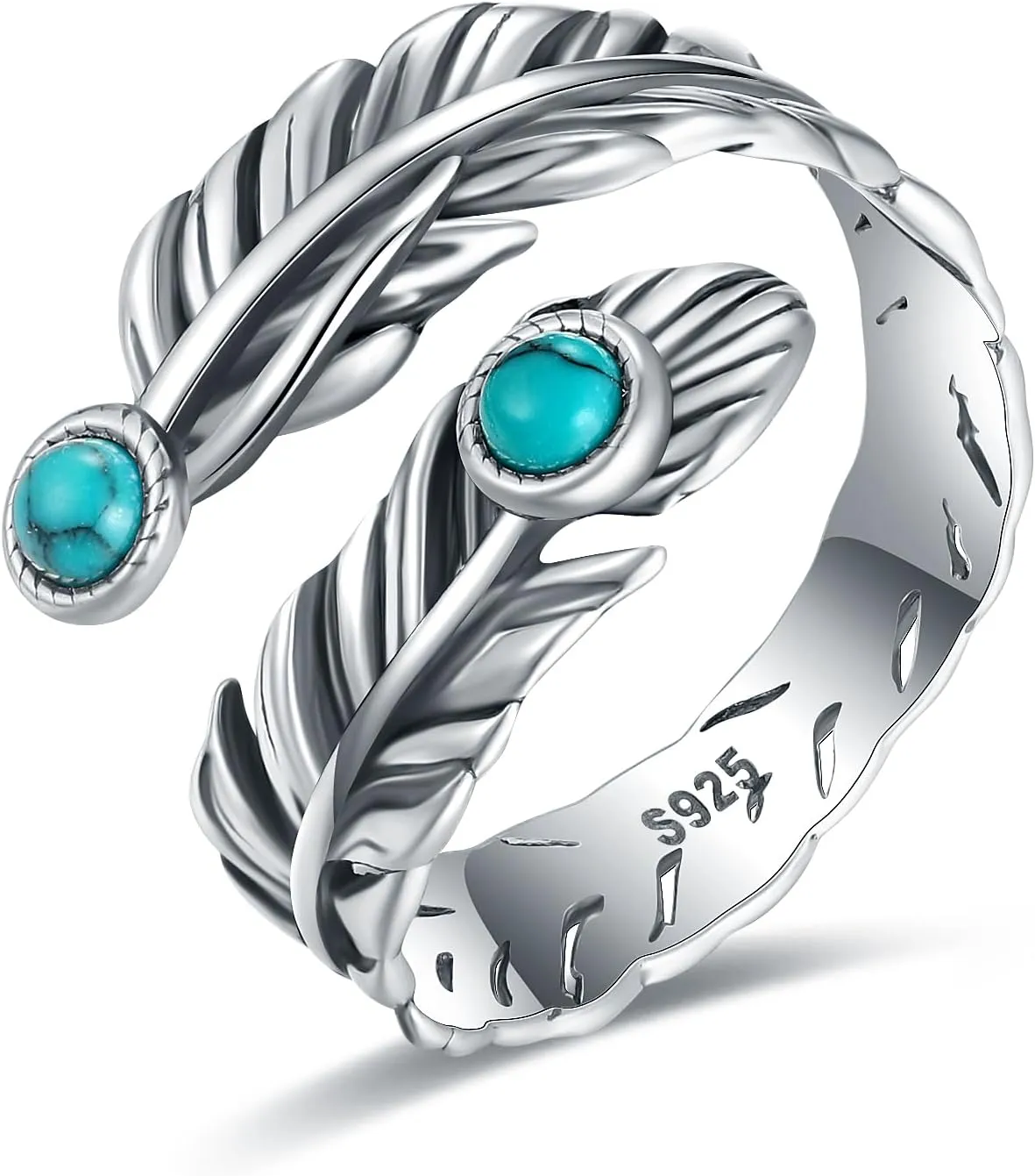 925 Sterling Silver Turquoise Feather Ring for Women - Adjustable Western Style Malachite Ring - Vintage Eagle Jewelry Gift for Daughter