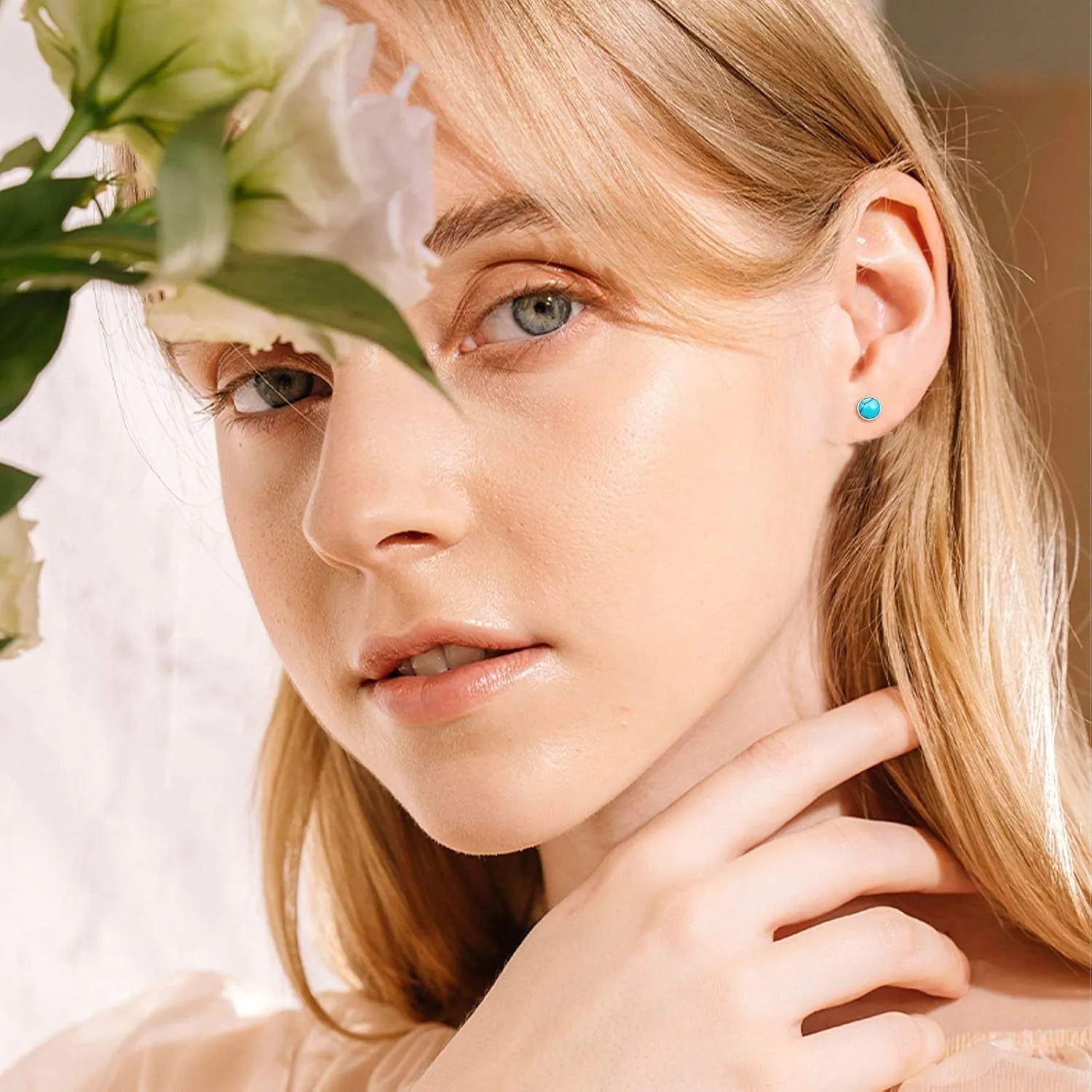 925 Sterling Silver Turquoise Studs Hypoallergenic Earrings for Sensitive Ears with Romantic "Forever" "Love" Engraving, Turquoise Jewelry Mother Day for Women Girlfriend-4MM 6MM