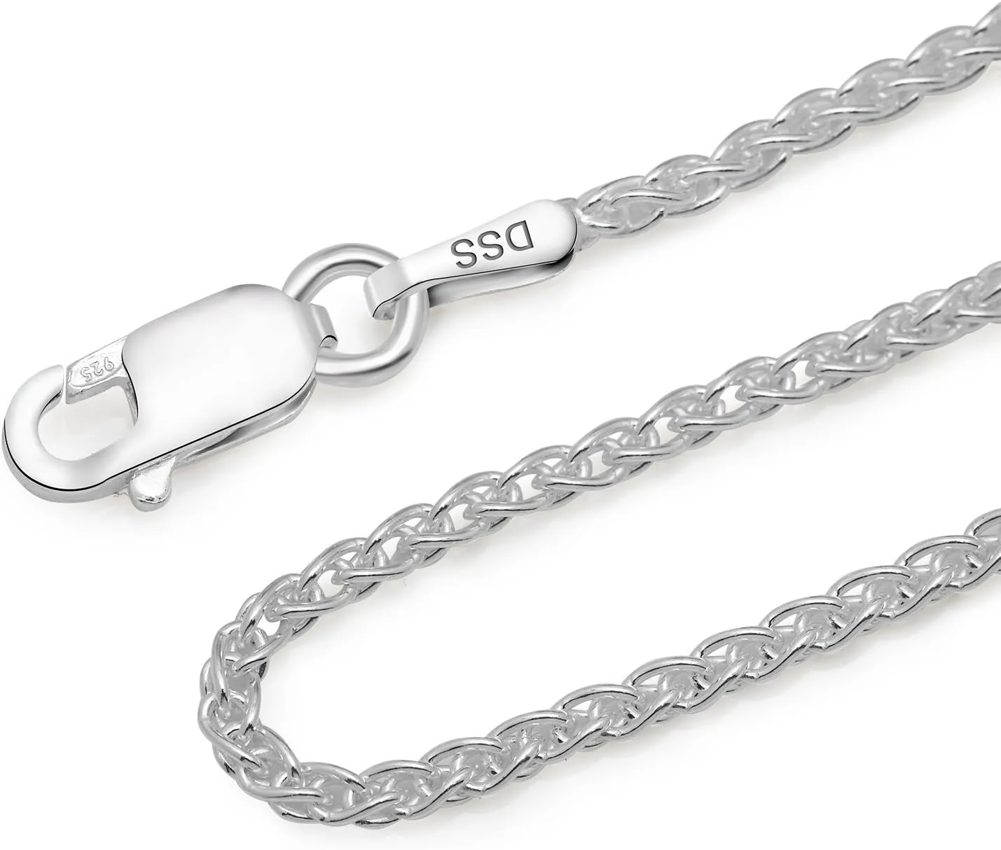 925 Sterling Silver Wheat Chain 1.5mm - Italian Spiga Sterling Silver Necklace Chain with Lobster Claw Clasp, Nickel Free 925 Silver Chain Necklace in lengths from 16-30 Inches