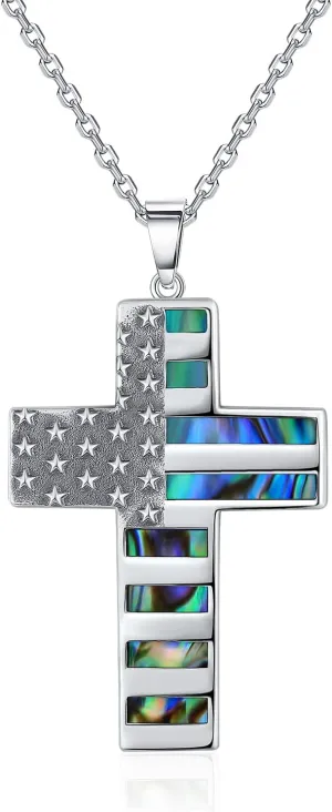 Abalone Shell Cross Necklace - 925 Sterling Silver American Flag/Tree of Life/Celtic Knot/Claddagh/Geometric/Faith Necklaces for Women Religious Cross Pendant Necklaces