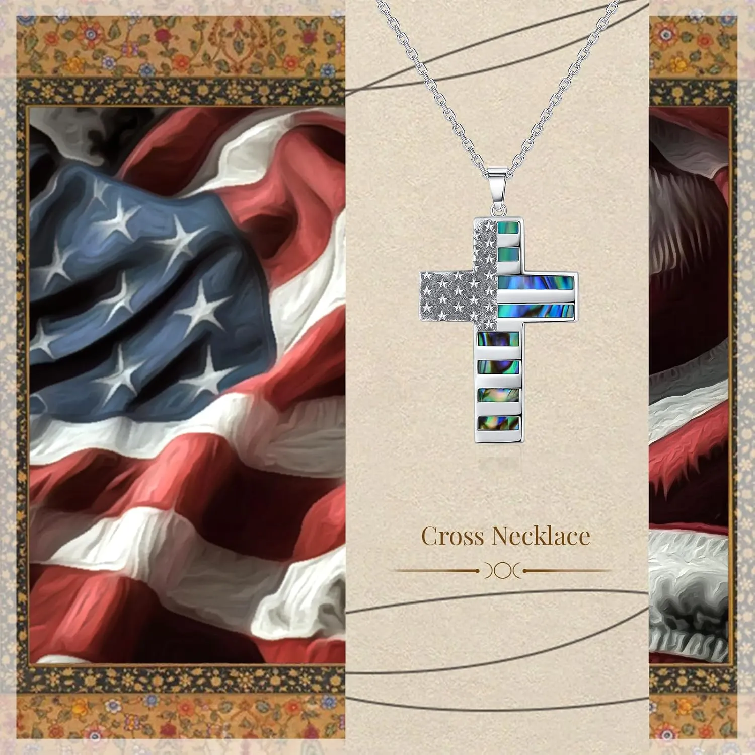 Abalone Shell Cross Necklace - 925 Sterling Silver American Flag/Tree of Life/Celtic Knot/Claddagh/Geometric/Faith Necklaces for Women Religious Cross Pendant Necklaces
