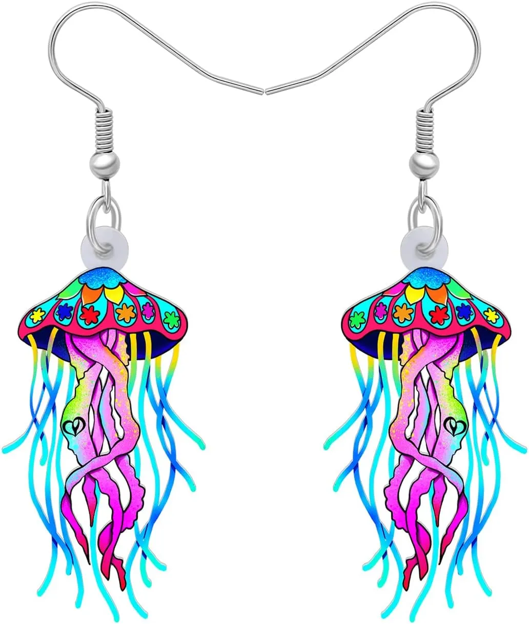 Acrylic Cute Colorful Jellyfish Earrings Hawaii Fish Octopus Shine Ocean Animals Dangle Novelty Jewelry For Women Beach Party Charms Gifts