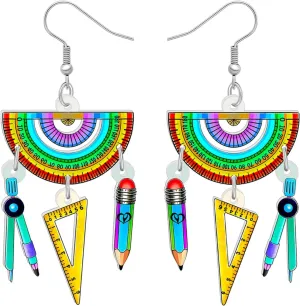 Acrylic Globe Pencil Earrings Dangle Jewelry Ruler Eraser Stationery Sets for Kids Teachers Women Girls Back to School Gifts (Ruler Sets)