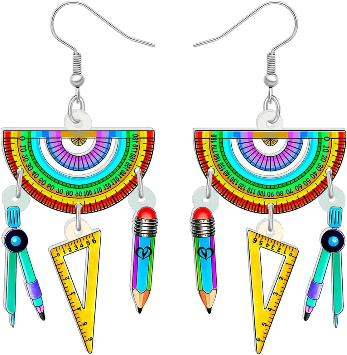 Acrylic Globe Pencil Earrings Dangle Jewelry Ruler Eraser Stationery Sets for Kids Teachers Women Girls Back to School Gifts (Ruler Sets)