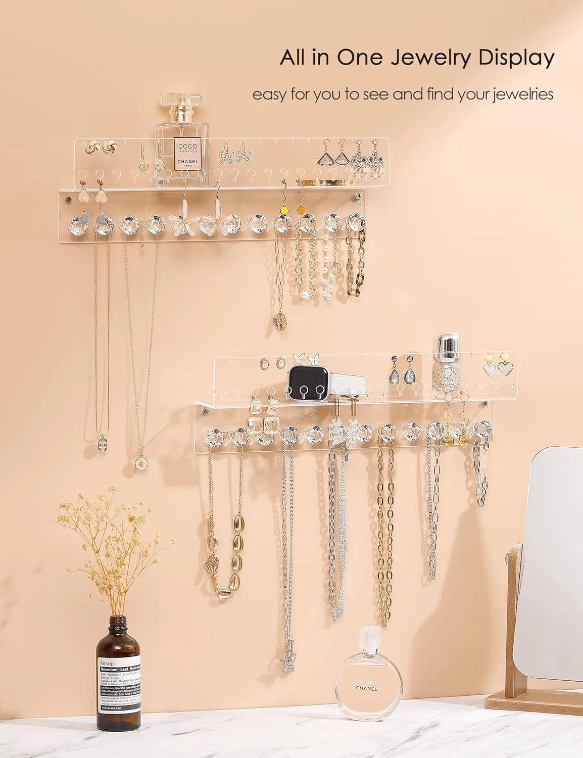 Acrylic Hanging Jewelry Organizer Wall Mounted Jewelry Holder with Floating Shelf, Necklace Holder Organizer and Stud Earring Organizer for Women Girls (2 Pack)