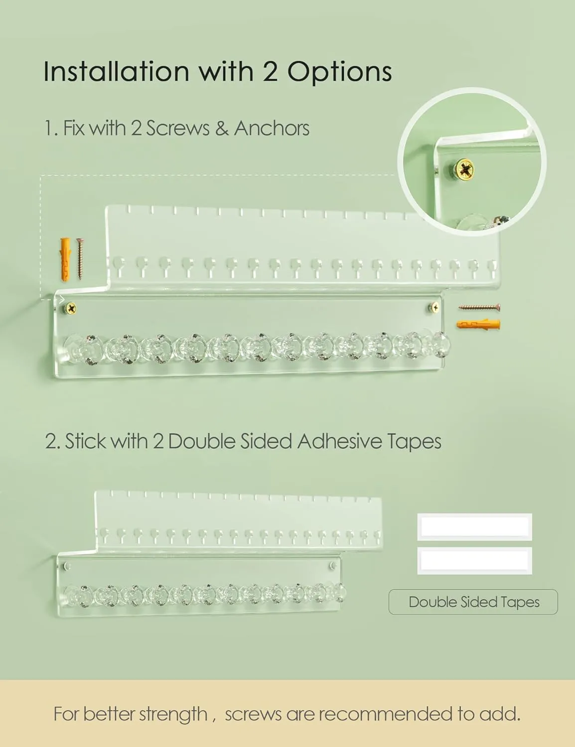 Acrylic Hanging Jewelry Organizer Wall Mounted Jewelry Holder with Floating Shelf, Necklace Holder Organizer and Stud Earring Organizer for Women Girls (2 Pack)