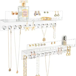 Acrylic Hanging Jewelry Organizer Wall Mounted Jewelry Holder with Floating Shelf, Necklace Holder Organizer and Stud Earring Organizer for Women Girls (2 Pack)